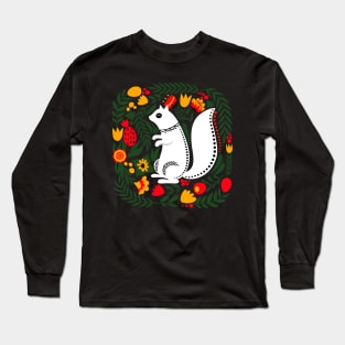 Folk Art White Squirrel with Bright Flowers and Leaves Long Sleeve T-Shirt